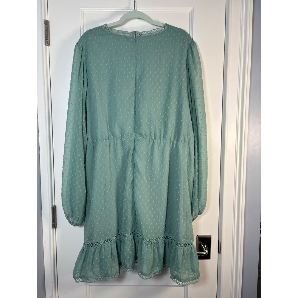 Swiss Dot Mini Dress Mint Green Long Sleeve Guipure Lace Wrap Plus Size 4XL - Picture 2 of 4